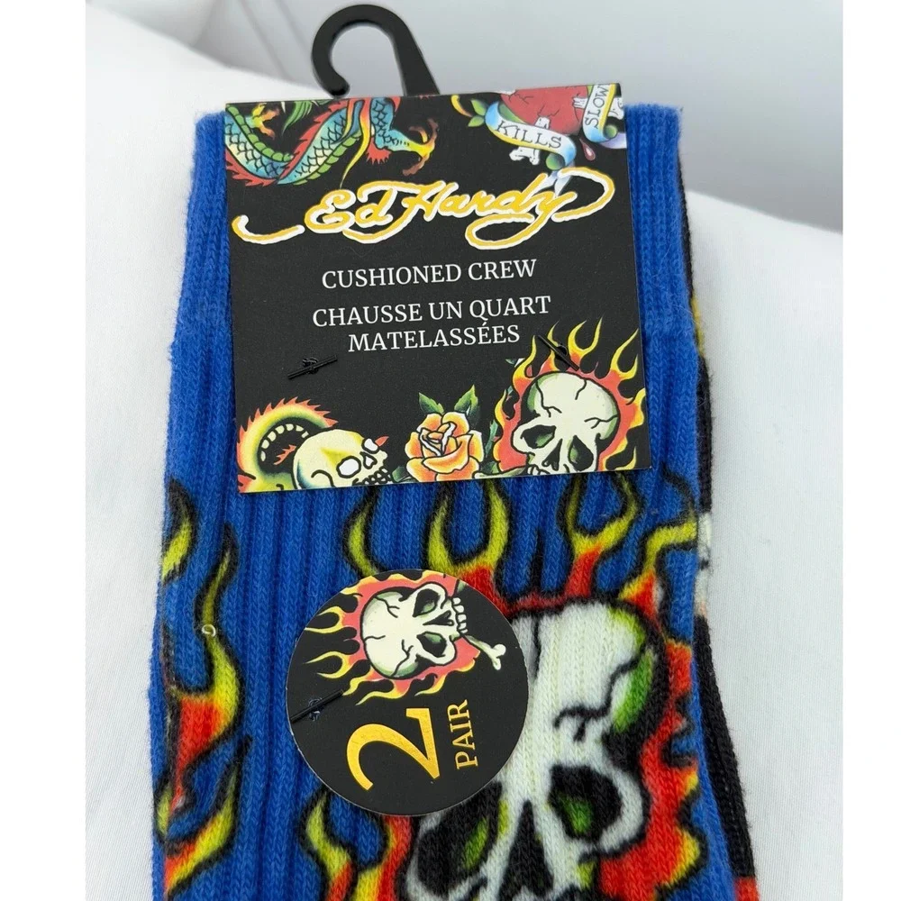 Ed Hardy 2 Pk Cushioned Crew Socks Blue Black Skull Love Kills Slowly NEW 111-09